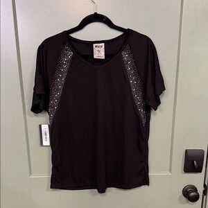 Vocal Black Short Sleeve V-Neck Top with Rhinestone Panels